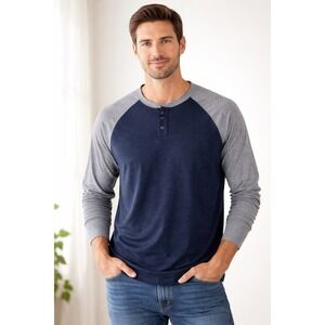 NWT Tailor Vintage AirOtec Henley Shirt Men's Small Blue Gray Raglan Long Sleeve